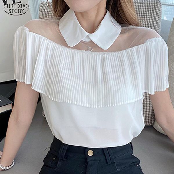 

korean mesh spliced shirt women black white solid pullover 2020 summer casual short sleeve chiffon blouse women 100271