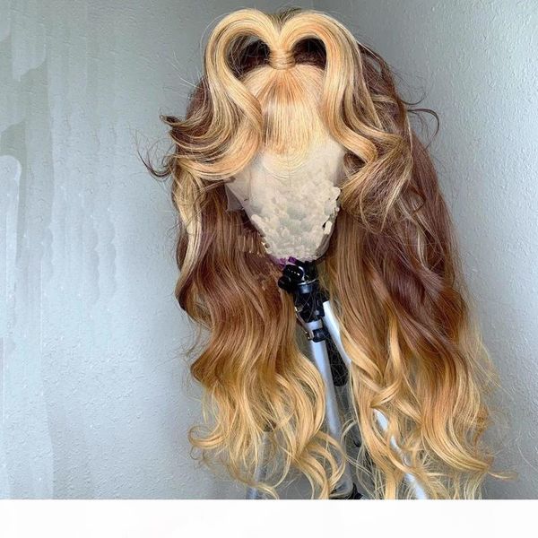 

brazilian honey color omber highlight brown non-remy hair lace part human hair wigs baby hair wave wigs, Black;brown