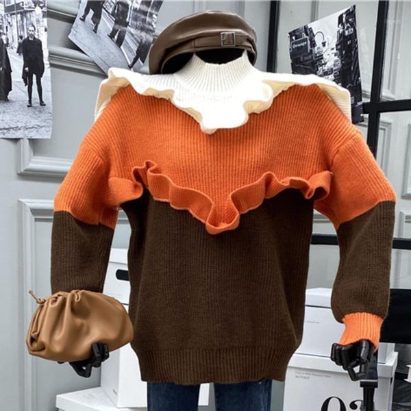 

ewq] 2020 winter women fashion mock neck loose soft minimalist panelled long sleeve ruffles pullover knitting sweater 8d4581, White;black