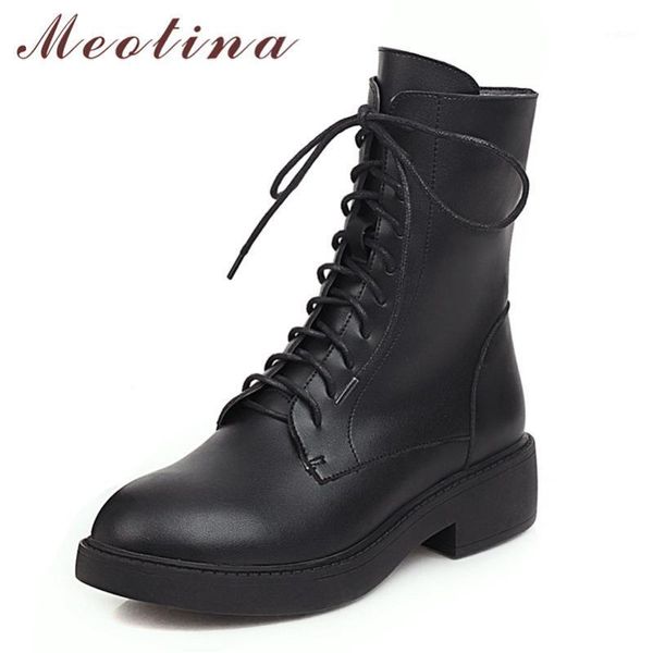 

meotina motorcycle boots women shoes platform mid heel ankle boots round toe block heels zipper lace up short autumn 431, Black