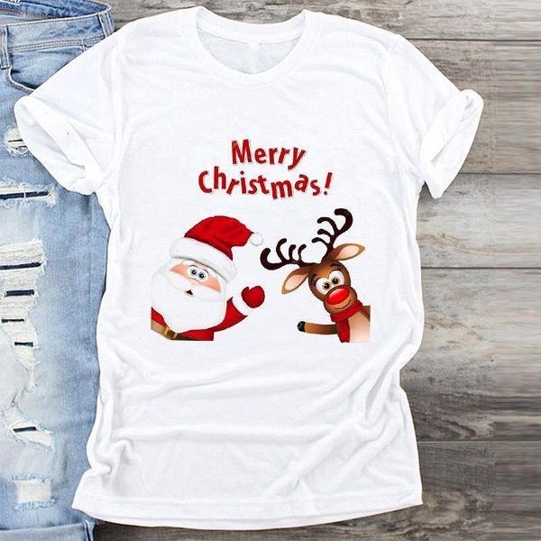 

women deer funny santa claus kawaii cartoon merry christmas print clothes graphic t shirt ladies female tshirts tee t-shirt, White