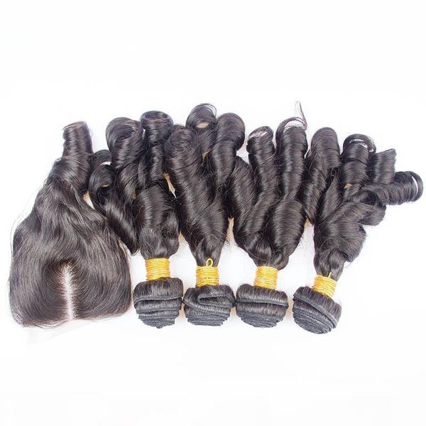 

brazilian aunty funmi human hair 4bundles with 4x4 lace closure 5pcs lot bouncy curls brazilian funmi hair weaves with closure middle part, Black
