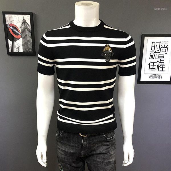 

men's short-sleeved knitted sweater undergarment men's individual character embroidered knitted sweater autumn and winter1, White;black