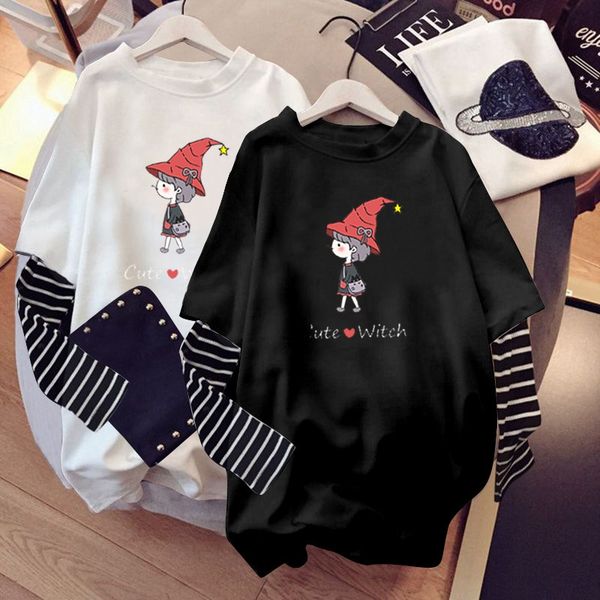 

в начале осени мультфильма печать 2020 top coat футболки топа новая случайная с длинными рукавами футболка для womentwo кусков свободно боль, White