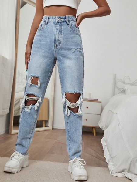 

high waist light wash ripped jeans q3cq#, Blue