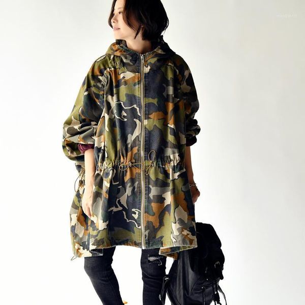 

micoco w8287c literary camouflage print hoodie medium - length bat-sleeve trench coat for women1, Tan;black