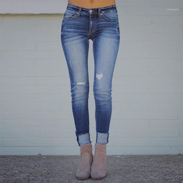 

women jeans autumn elastic plus loose hole denim casual small feet cropped jeans fashion female trousers large size m140#1, Blue