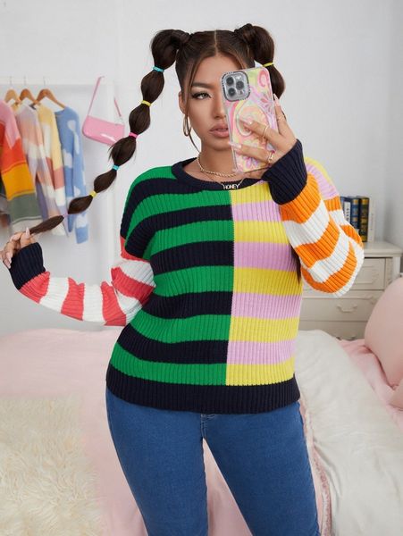 

plus rainbow striped drop shoulder sweater s94q#, Black