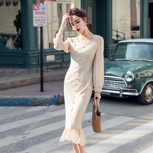 

french style minority waist fishtail skirt skirtnational long skirtclosing slit fishtail dress autumn 2020 new style long sleeve slim fit mi, Black;gray
