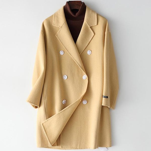

women's wool & blends solid color loose pink yellow beige lady woolen coat double breasted suit collar long sleeve faced, Black