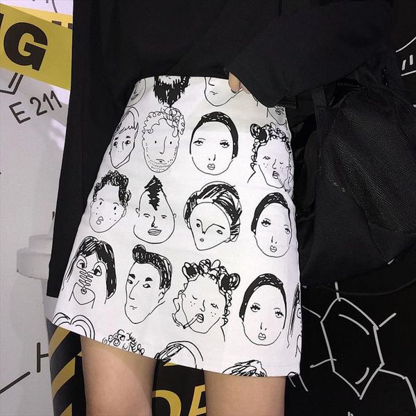 

harajuku симпатичного рисунок печать линии юбка женщина черный белая простой рисунок мини-юбка drop доставка хорошего качество, Black