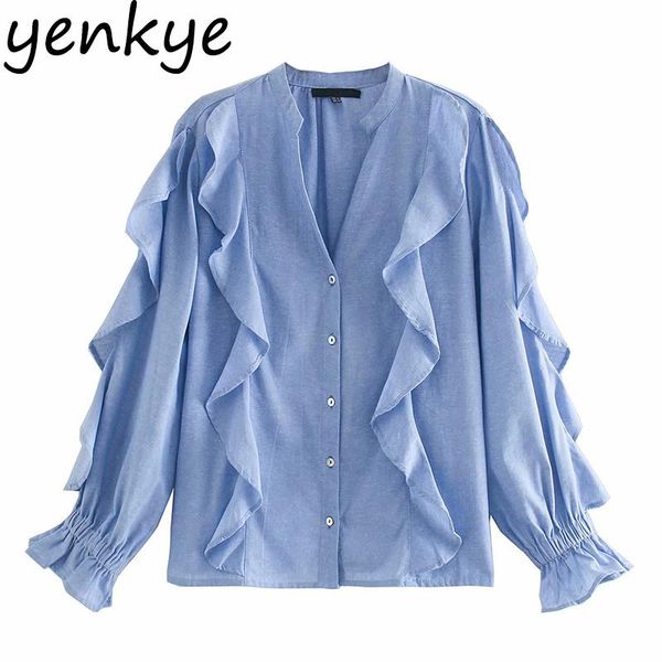 

elegant blue ruffle blouse shirt women v neck long sleeve casual rustic blouses fashion female autumn plus size blusas, White