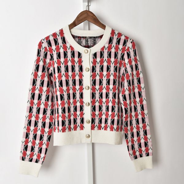 

2021 spring long sleeve round neck red plaid knitted single-breasted sweater women fashion cardigan sweaters j23162021, White;black