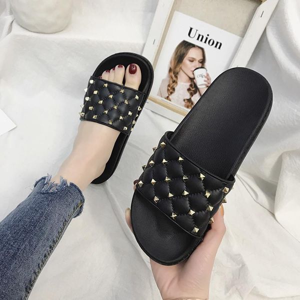 

women rivet summer slippers slide sandals flats beach home bathroom slip on shoes ladies girls bothe flip flops, Black