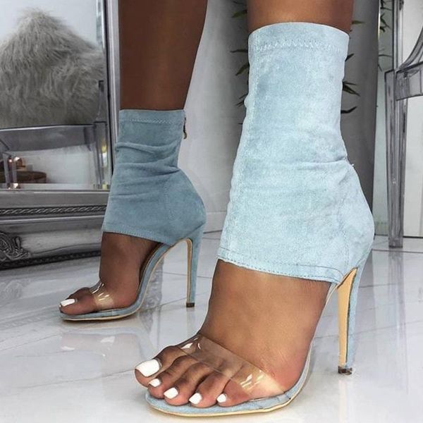 

denim cloth women sandals high heel ladies sandals with zipper crystal pvc peep toe thin heel stretch women summer shoes, Black