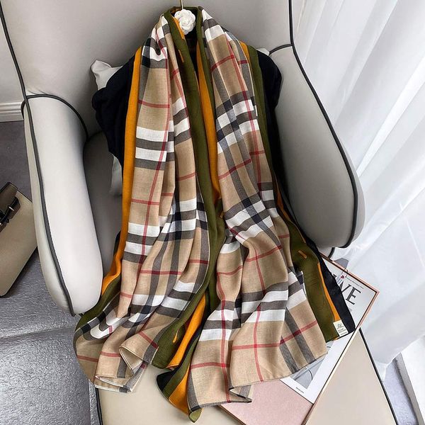 

autumn and winter cotton and linen striped pleated geometric square plaid scarf mori literary style ladies silk scarf lengthened 90*180cm, Blue;gray
