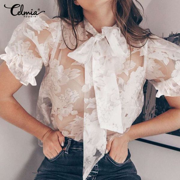 

women's blouses & shirts celmia women blouse lace crochet mesh sheer short puff sleeve elegant bow tie see through casual printed, White