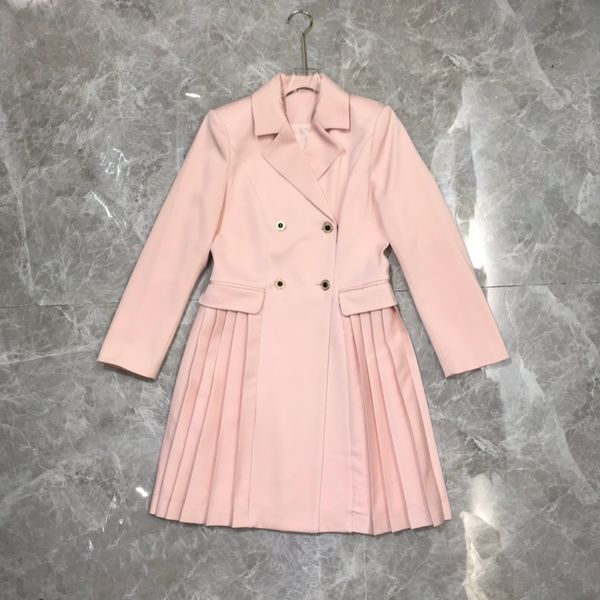 

europe station 2021 spring new temperament ol wind double row buckle pleated put slim dress show women, Black;pink