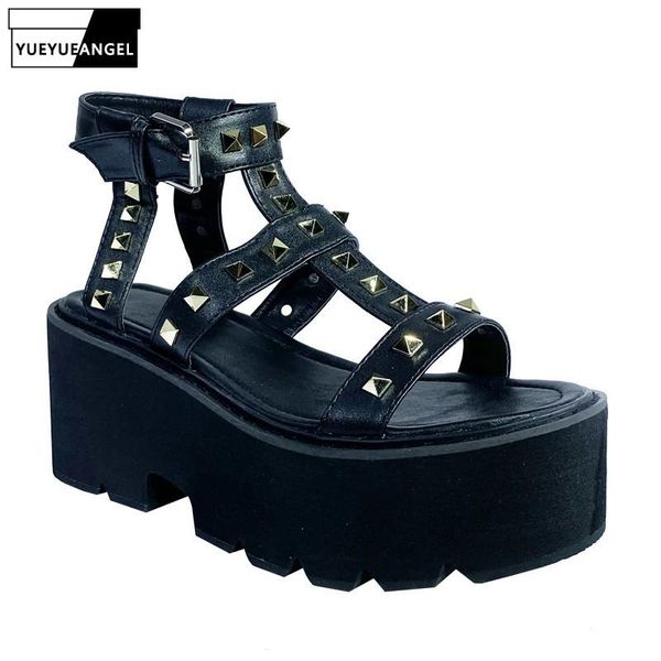 

sandals rivets open toe women platform 8 cm high heel summer shoes rome style ankle strap narrow band black wedges