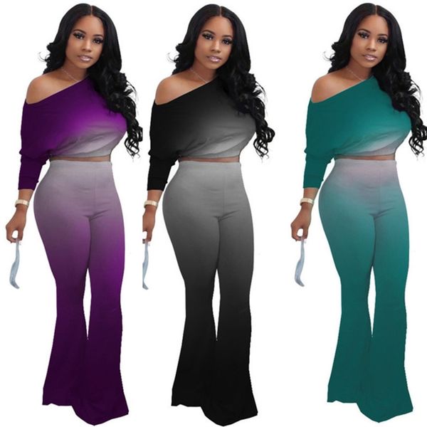 

9 colors oblique shoulder tracksuit women fashion crop flared trousers pants gradient long sleeve outfits two piece clothing h2203, White