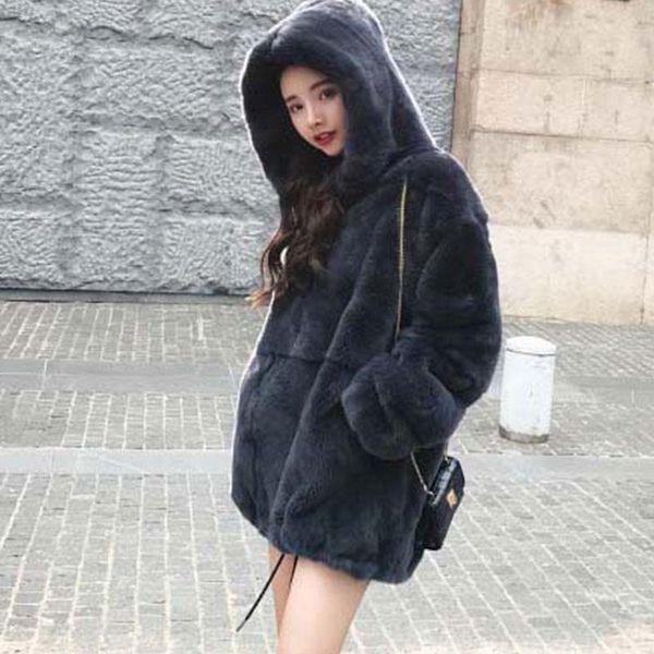 

winter fur coat women thick warm faux jacket sweatshirt loose oversized hooded pullover plush jackets kg-913, Black