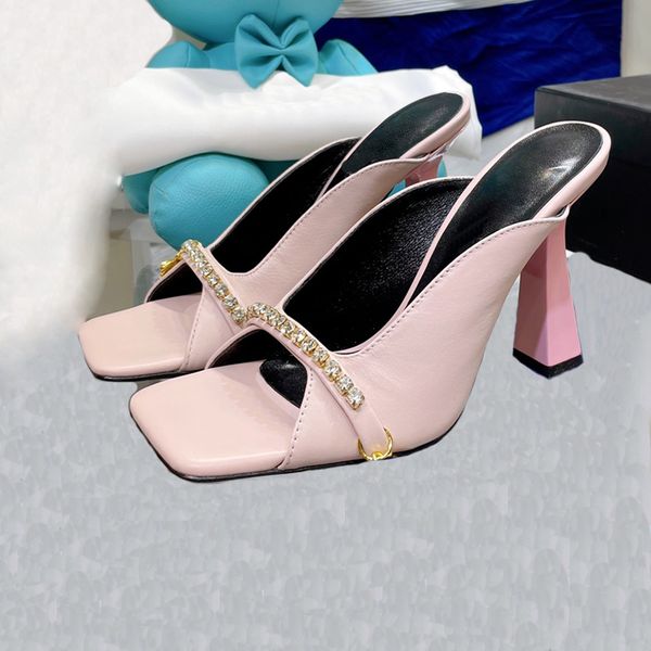 

heeled sandals designers cowhide crystal rhinestone decoration slippers 9.5cm heels open toe womens dress shoe soft leather square head sand, Black