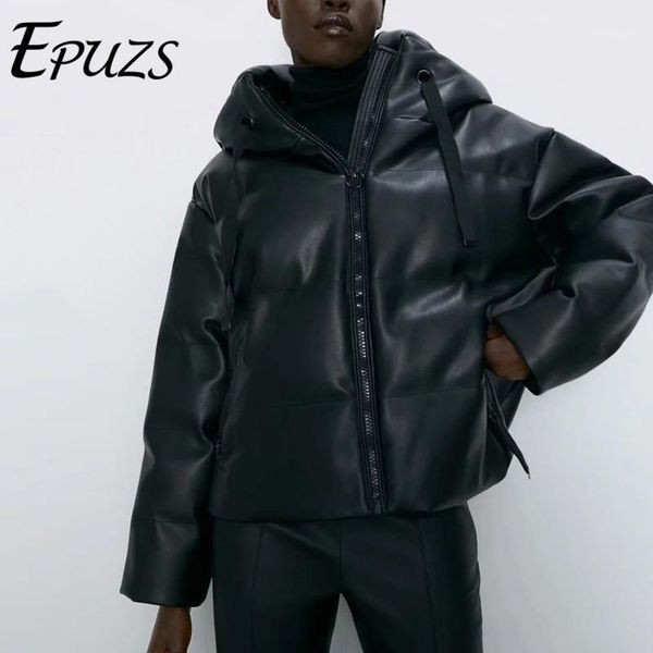 

winter jacket women hooded faux leather parkas vintage hooded pu leather coats korean warm thick parkas mujer 2019 plus size1, Black