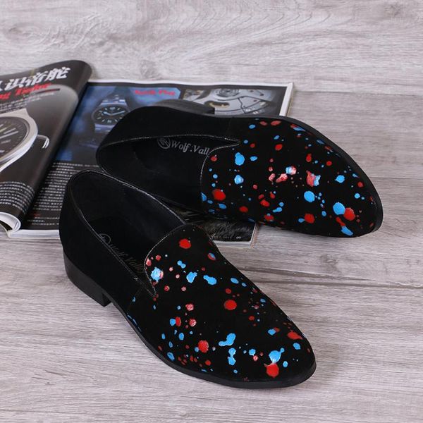 

christia bella personalized handmade colour scrawl man suede leather loafers shoes nightclub party men's smoking slippers shoes, Black