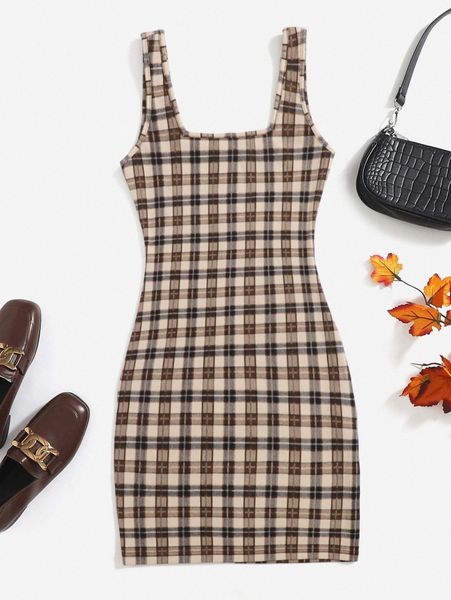 

plaid print cami dress x80g#, Black;gray