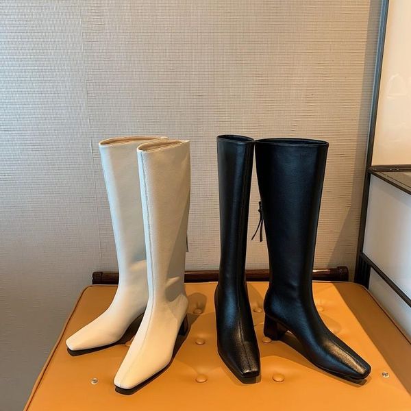 

korean online red square head high boots, autumn and winter 2020 new knight boots, layer cowhide high-heeled boots, Black