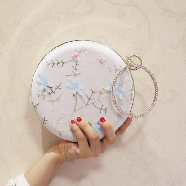 

flower women pu leather circular evening clutches bags floral ring handle party handbags purse wedding bolsa