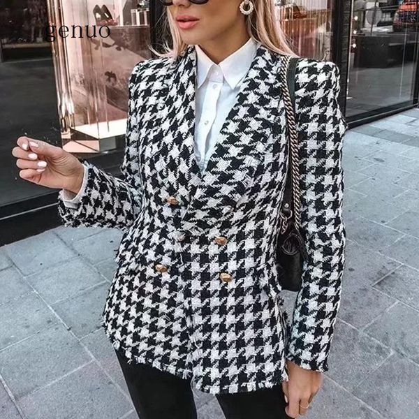 

women tweed jackets 2020 fashion office ladies black tassel houndstooth coats female autumn vintage thick plaid coat girls chic, Black;brown