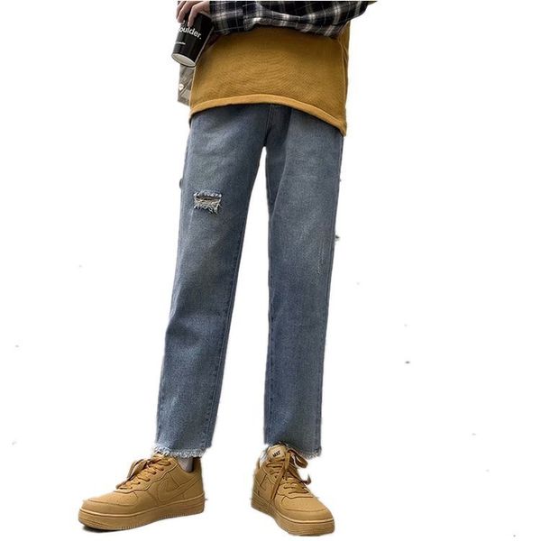 

wholesale ripped jeans men's clothing raw edges bad feet straight loose retro nostalgic washed hole fashion korean denim pants, Blue