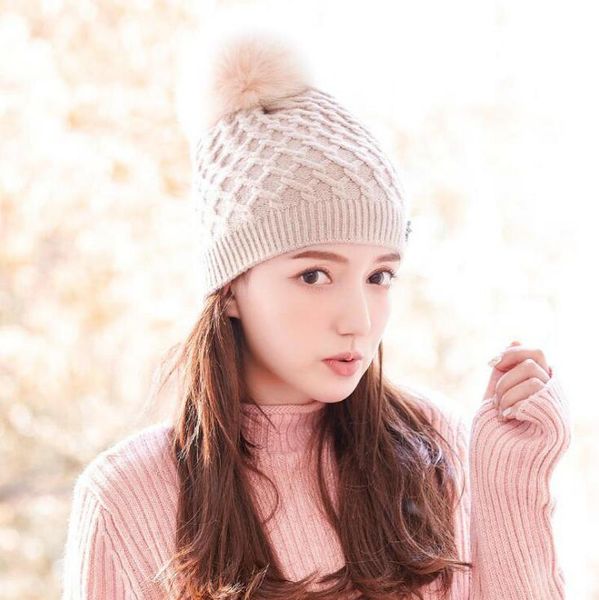 

winter knitted thick warm woolen hat youth leisure all-match fluffy ball hat knitted warm, Blue;gray