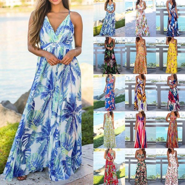 

2021 new spring summer women boho floral printed dress fashion ladies sleeveless party evening long maxi dress v neck vestidos, Black;gray
