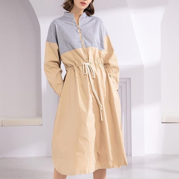 

new 2020 women autumn spring dresses sporty style patchwork elastic waist zipper long sleeve casual lace up1, Black;gray