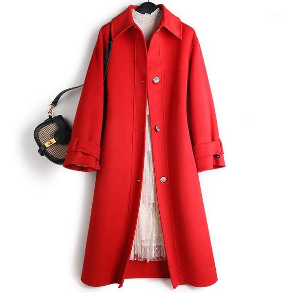 

new 2020 women long woolen coat adjustable waist turn-down collar single breasted korean fashion coat autumn winter red black1, Black