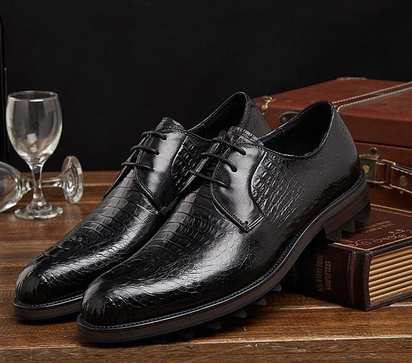 

quality crocodile skin leather men dress shoes pointed toe genuine leather luxury men business mens formal shoes, Black