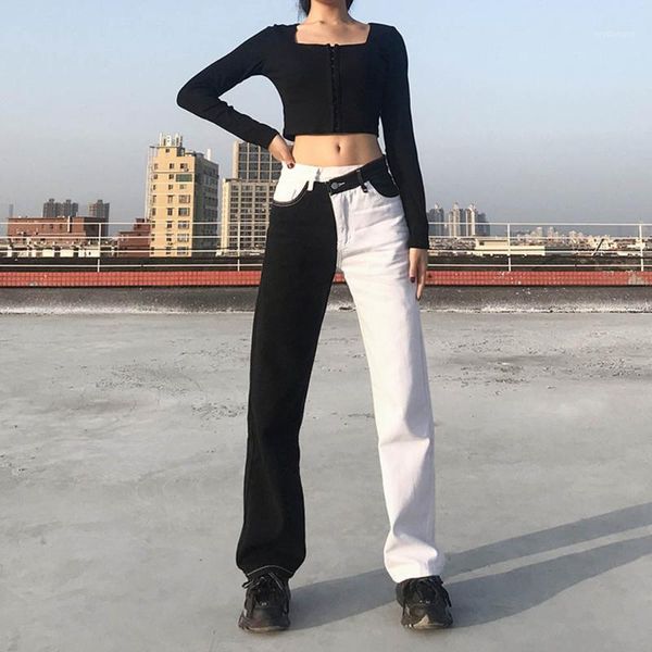 

missnight baggy jeans black and white patchwork jeans woman high waist zipper straight pants wide leg streetwear1, Blue