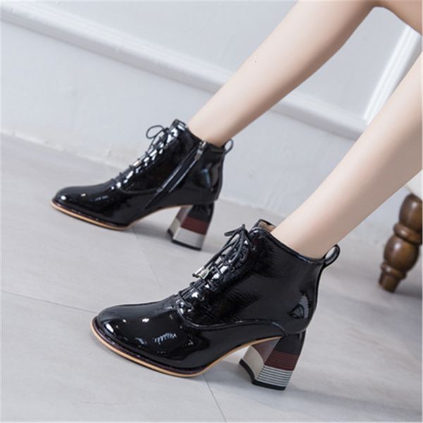 

new 2021 winter toe round square for leather boots woman high black heels 87jb