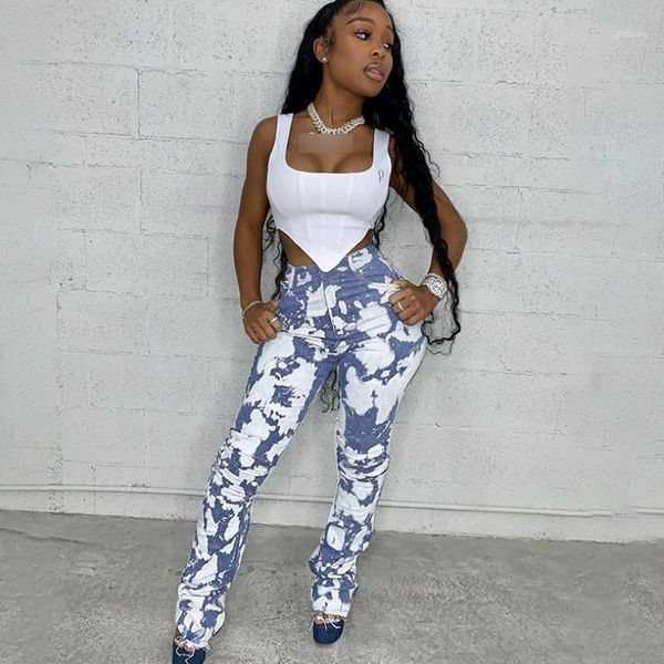 

europe and the united states 2020 autumn new slim high waist tie-dye pleated jeans women1, Blue