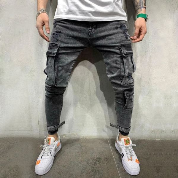 

cargo pants men's vintage multi-pockets black jeans 2019 fashion men slim pencil trouser streetwear male casual skinny jeans q25 q0105, Black;white