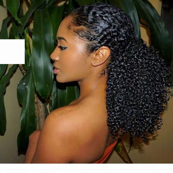 

drawstring ponytail human hair clip in extensions virgin hair malaysian curly natural color 1 piece 120g kinky curly ponytail hair bun, Black