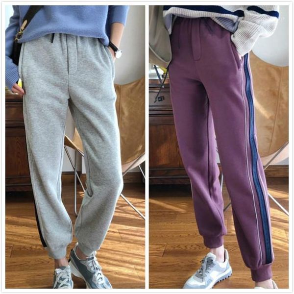 

women pants comfortable warm color stitching plus velvet sports casual pants women's high waist loose and thin1, Black;white