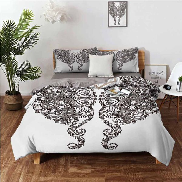 

two identical motif paisley henna art abstract swirls leaves curlicuesbedding 3-piece set