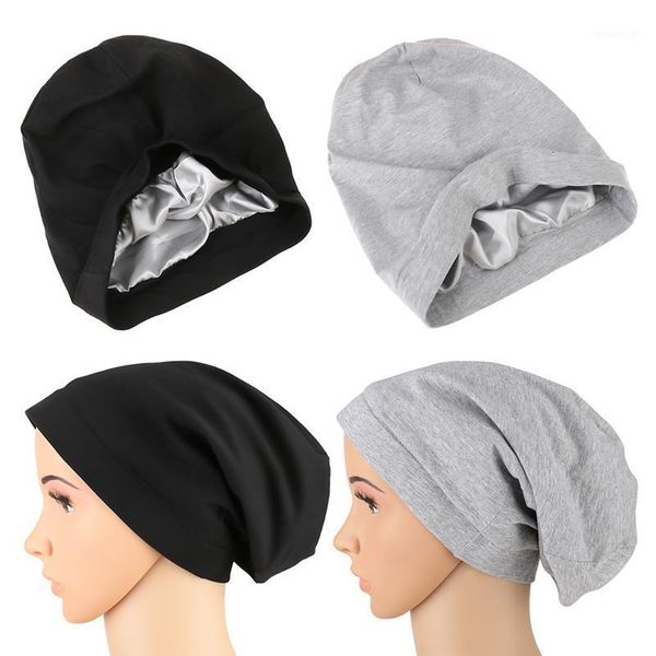 

2pcs/lot hair care cap satin lined sleep slouchy cap curly black grey girl slap headwear gifts for frizzy hair women1