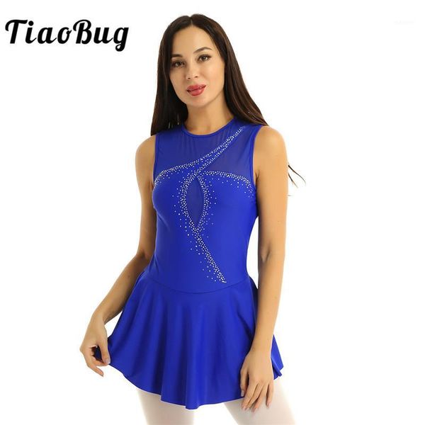 

tiaobug sleeveless mesh splice rhinestones figure skating dress women ballet gymnastics leotard competition dance wear1, Black;red