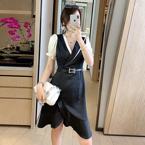 

mini dress runway 2020 summer new women's fashion elegant chic black v-neck stitching party casual dresses1, Black;gray