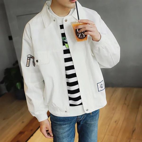 

jacket men's printed pocket zipper leisure baseball suit korean turn-lapel embroidered harbin denim student kg-156, Black;brown