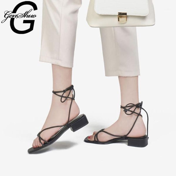 

sandals genshuo gladiator women shoes open toe thick heel strappy cross strap lady summer shoe narrow band zapatos mujer1, Black